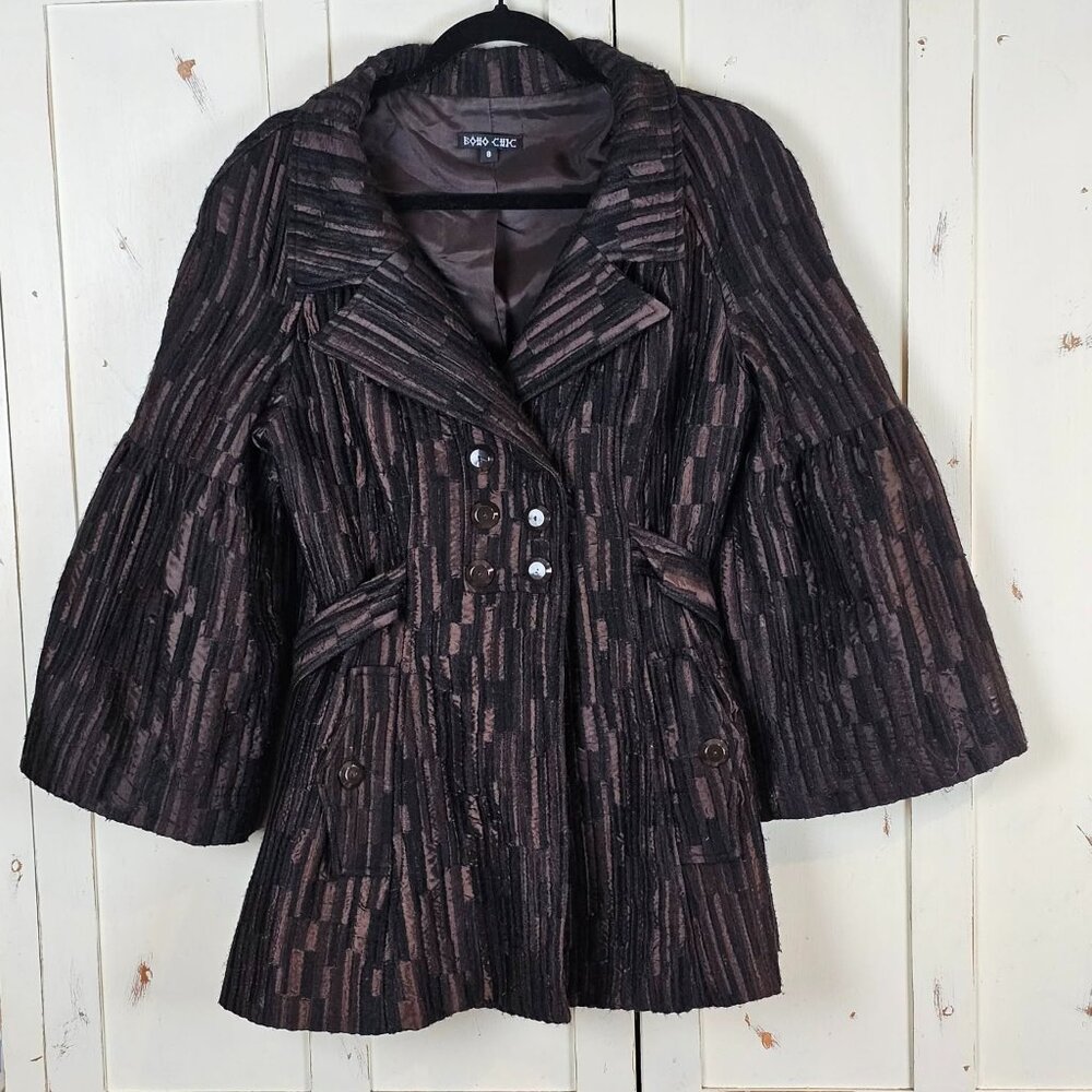 Boho Chic Textured Bell Sleeve Jacket Belted Blazer Brown Black Size 8